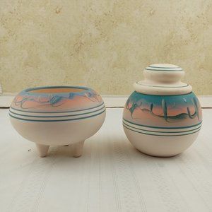 Vintage Southwestern Hand Painted Footed Bowl & Lidded Pot Desert Sunset Signed